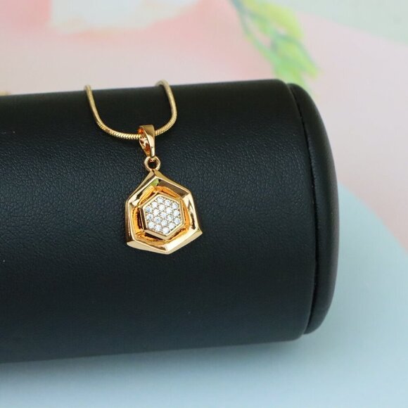 "Geometric Rose Gold Pendant with Crystal Hexagon, XPPT1575 - Picture 3 of 13